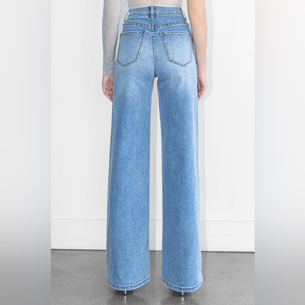 Studded women’s jeans‎ Wide Leg edgy moto statement metallic bold festival - Picture 4 of 13